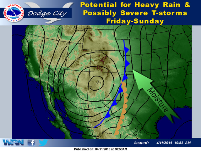 While not a "cutoff low," a slow-moving upper-air trough in the southwestern Plains promises to be a major rain-maker in the next 10 days. (Dodge City National Weather Service graphic)